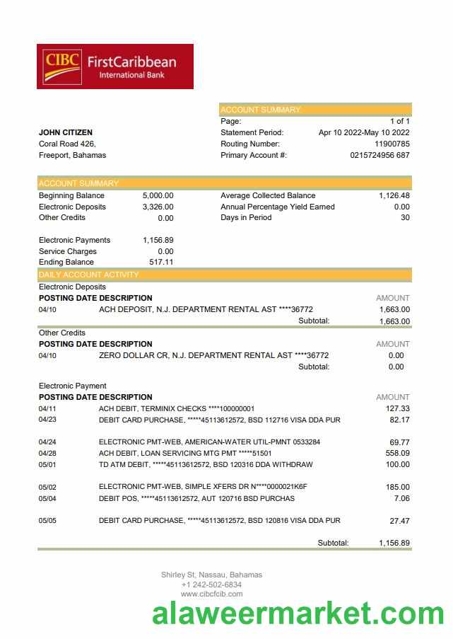 Bahamas FirstCaribbean International Bank bank statement xls